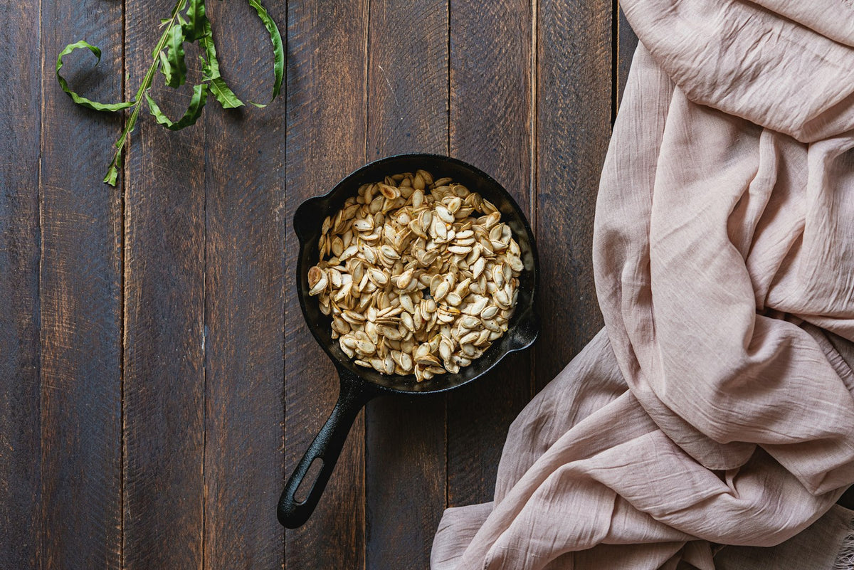 Cast iron pan on a wooden table