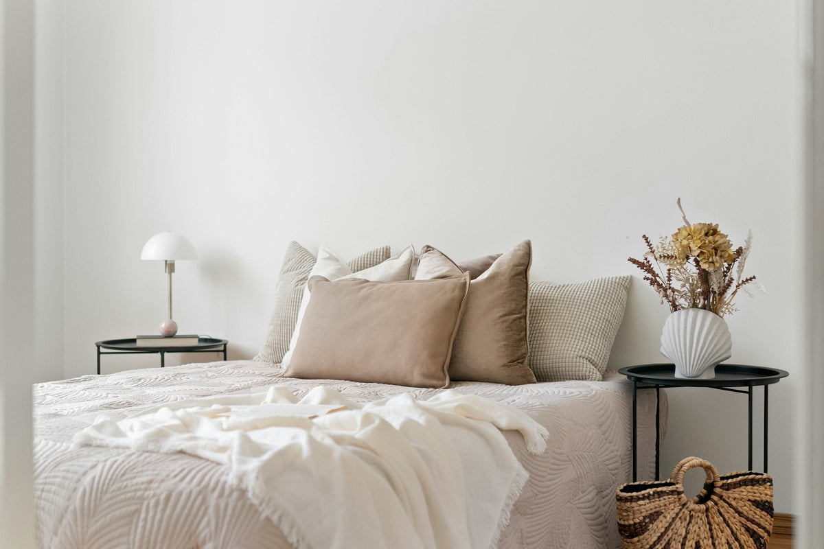 Neutral bedroom with linen bedding