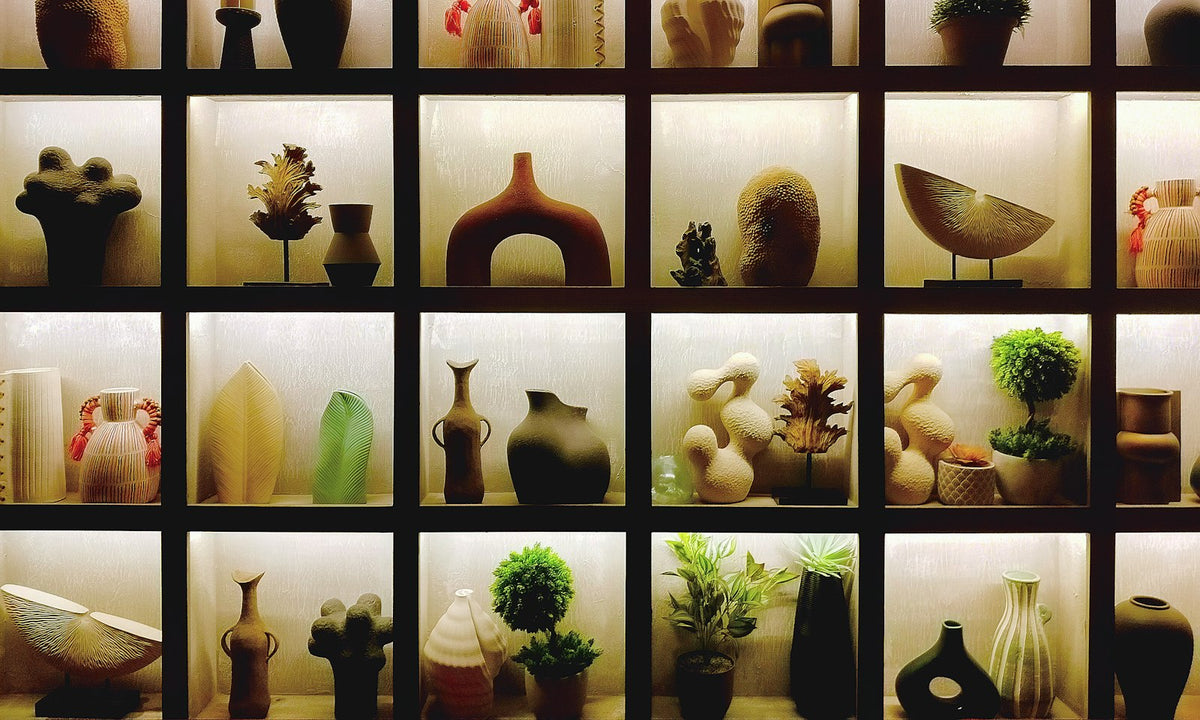 Decorative objects on lit shelves