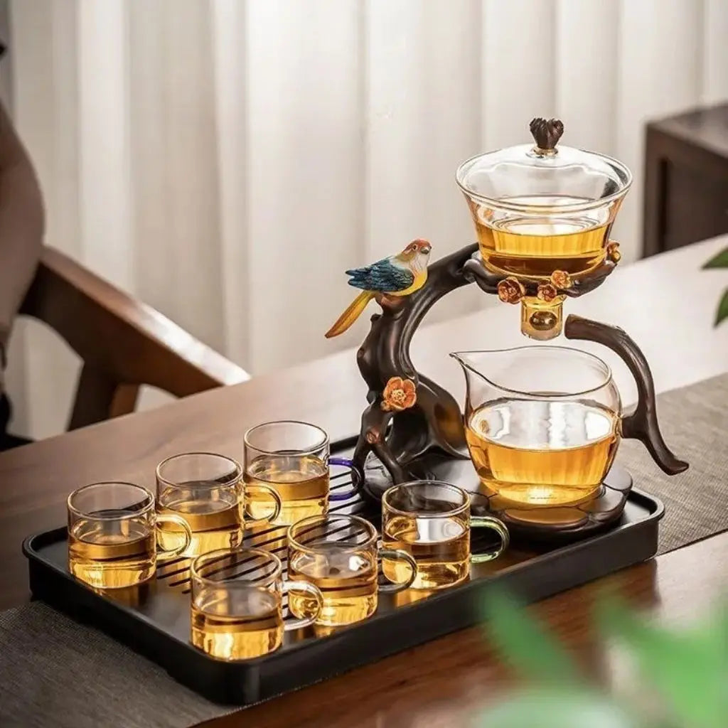 Avian Parrot Handcrafted Glass Tea Set with Tray