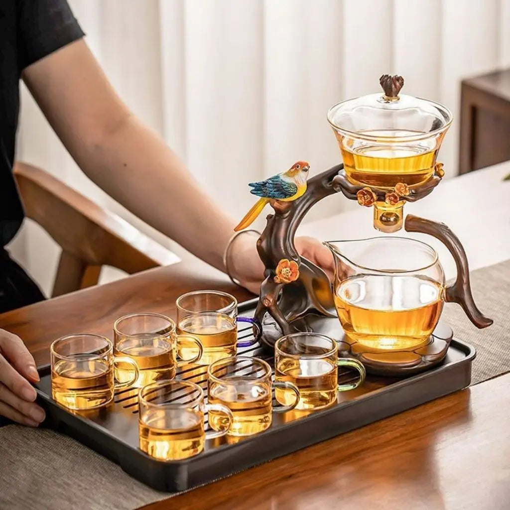 Avian Parrot Handcrafted Glass Tea Set with Tray