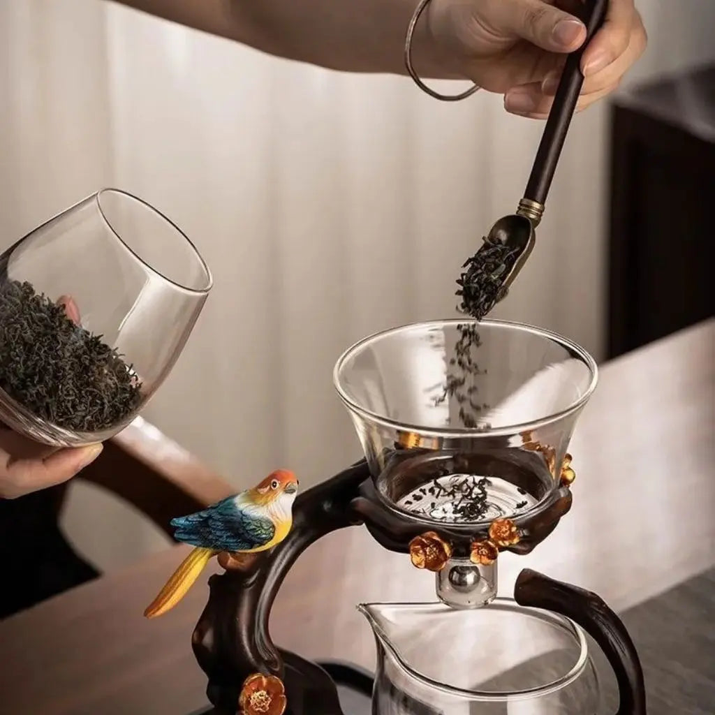 Avian Parrot Handcrafted Glass Tea Set with Tray