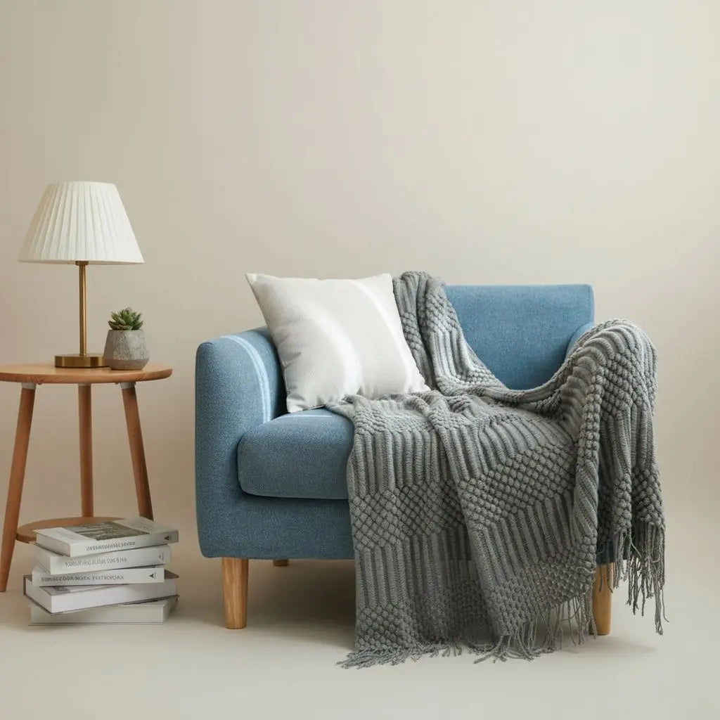 Scandi Fringe Nordic Knit Throw Sofa Blanket
