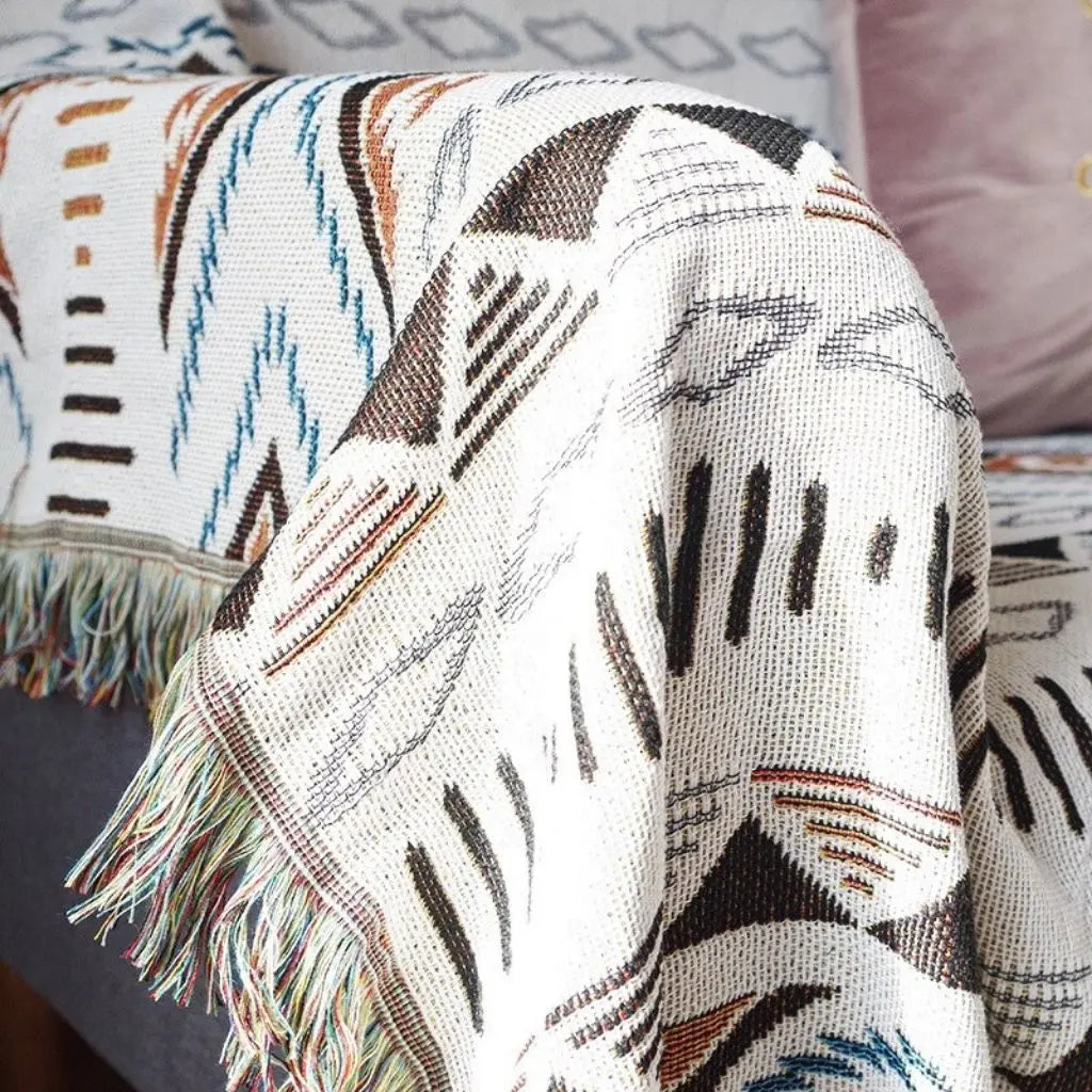 Arden Geometric Fringe Cotton Sofa Blanket