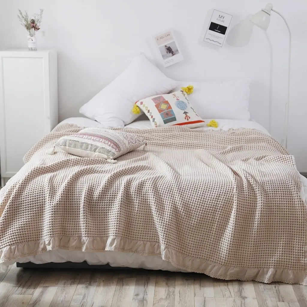 Mila Waffle Lace Soft Cotton Quilt Blanket
