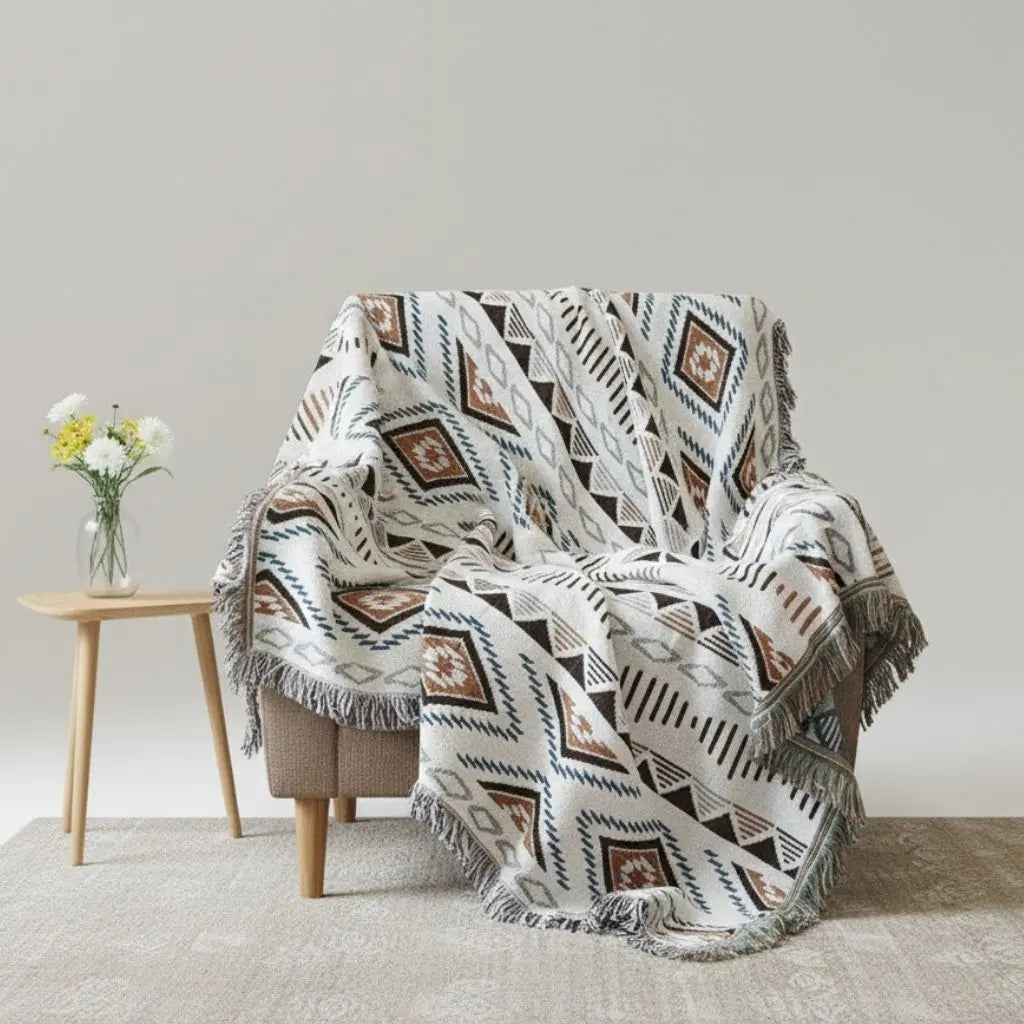 Arden Geometric Fringe Cotton Sofa Blanket