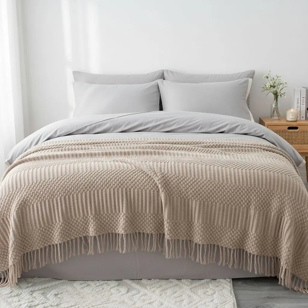 Lena Textured Fringe Throw Blanket