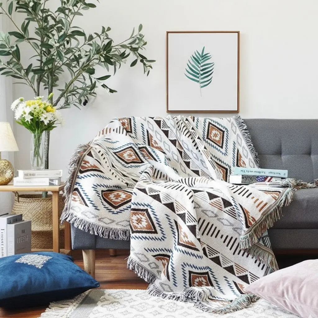 Arden Geometric Fringe Cotton Sofa Blanket