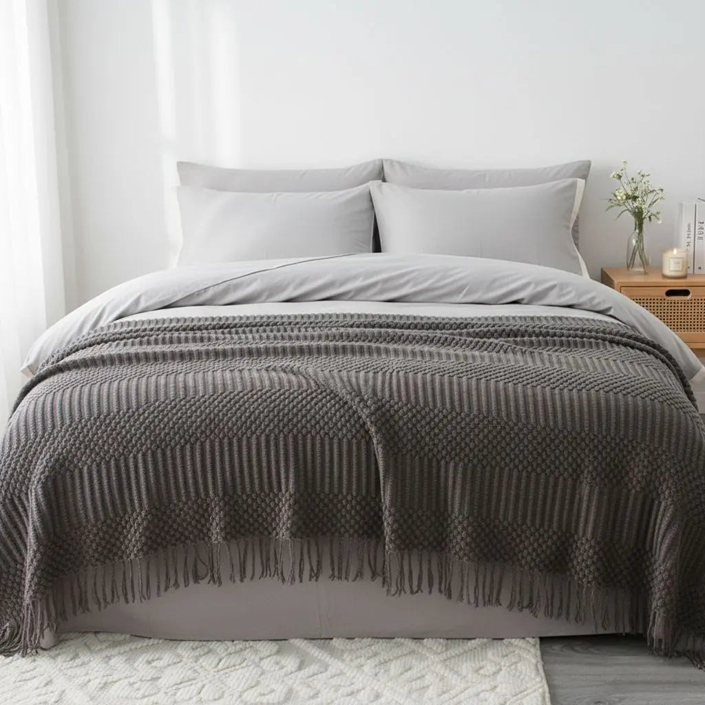 Lena Textured Fringe Throw Blanket