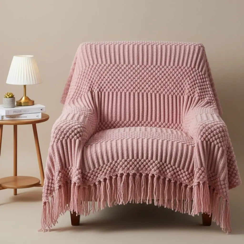 Scandi Fringe Nordic Knit Throw Sofa Blanket