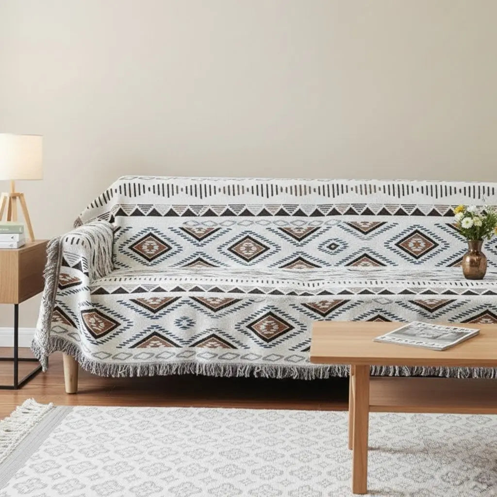 Arden Geometric Fringe Cotton Sofa Blanket