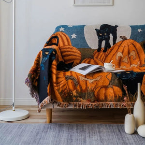 Moonlit Pumpkin and Cat Throw Blanket
