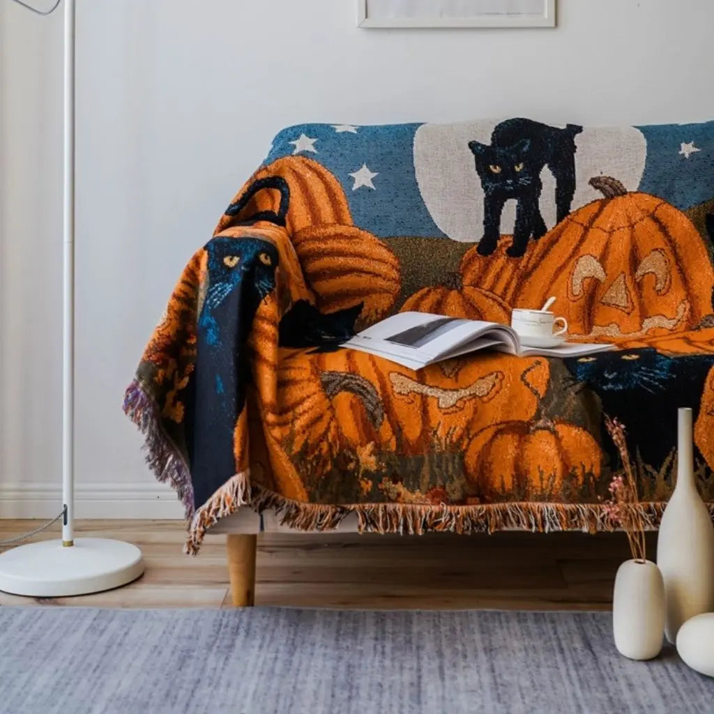 Moonlit Pumpkin and Cat Throw Blanket