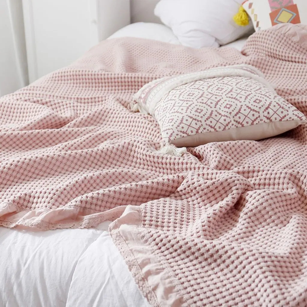 Mila Waffle Lace Soft Cotton Quilt Blanket