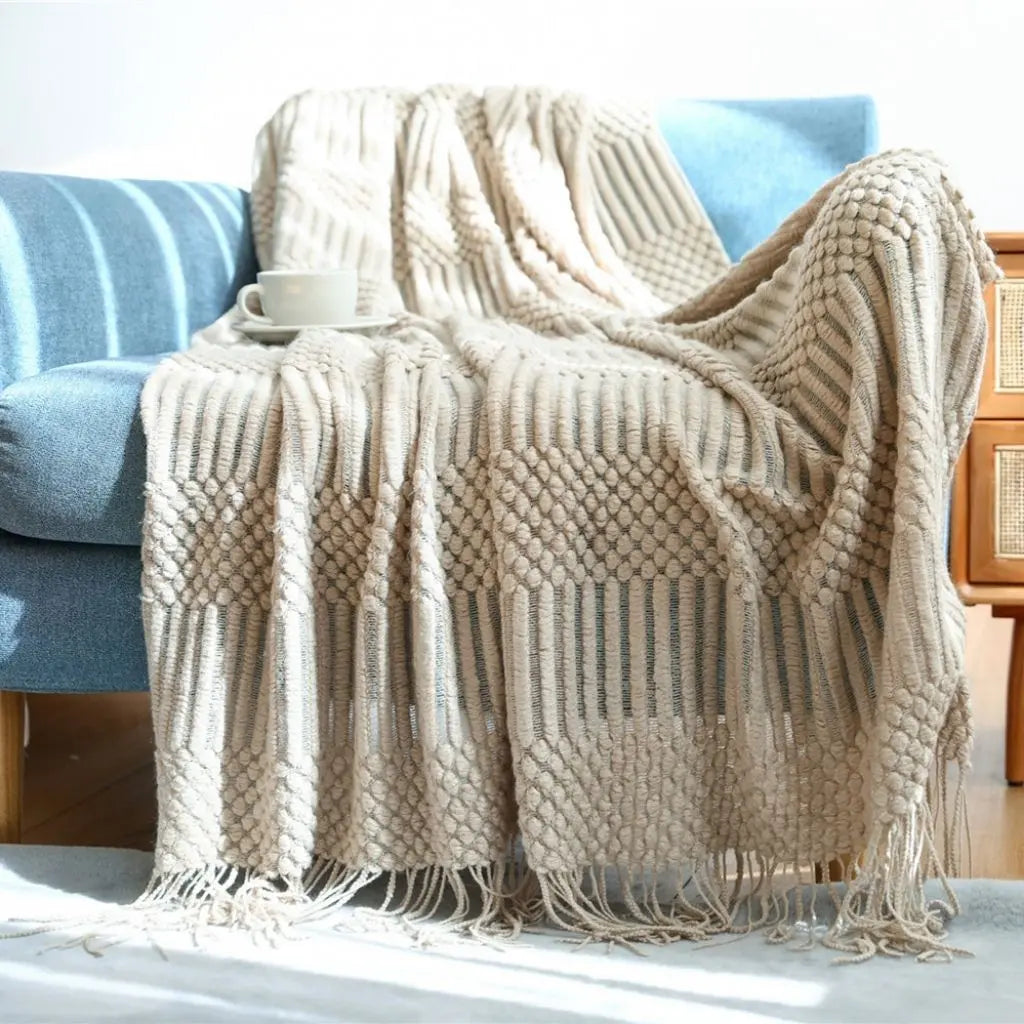 Scandi Fringe Nordic Knit Throw Sofa Blanket