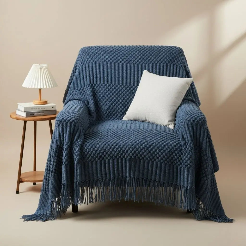 Scandi Fringe Nordic Knit Throw Sofa Blanket