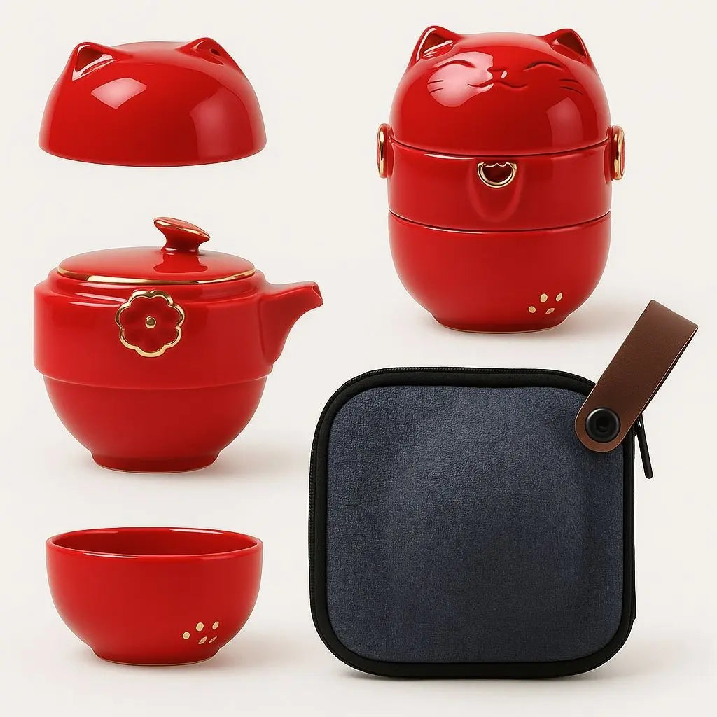 Fortune Cat Ceramic Travel Tea Set