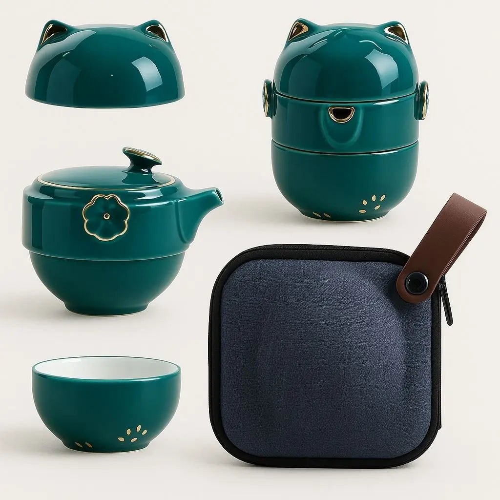 Fortune Cat Ceramic Travel Tea Set
