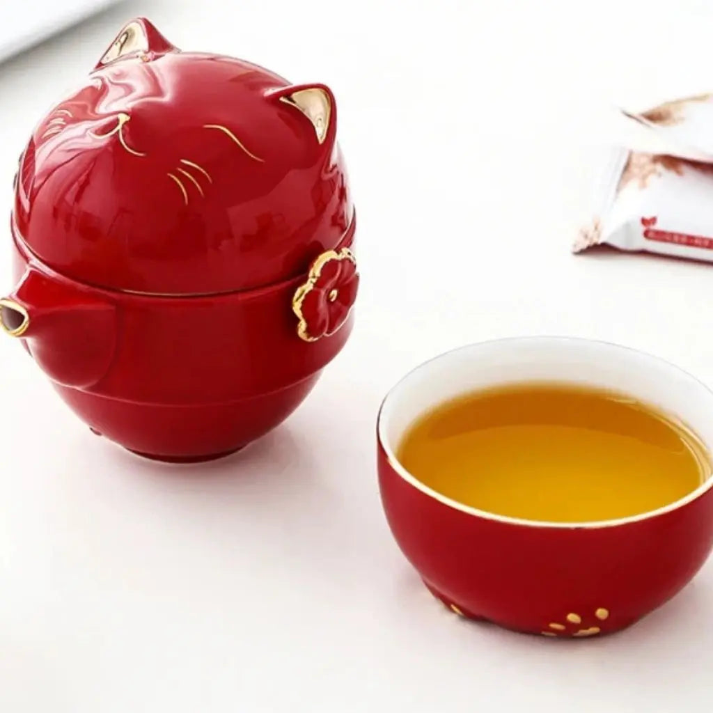 Fortune Cat Ceramic Travel Tea Set