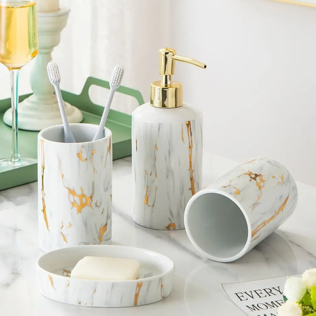 Amelia Marble Bathroom Set – 4-Piece Ceramic Wash Kit