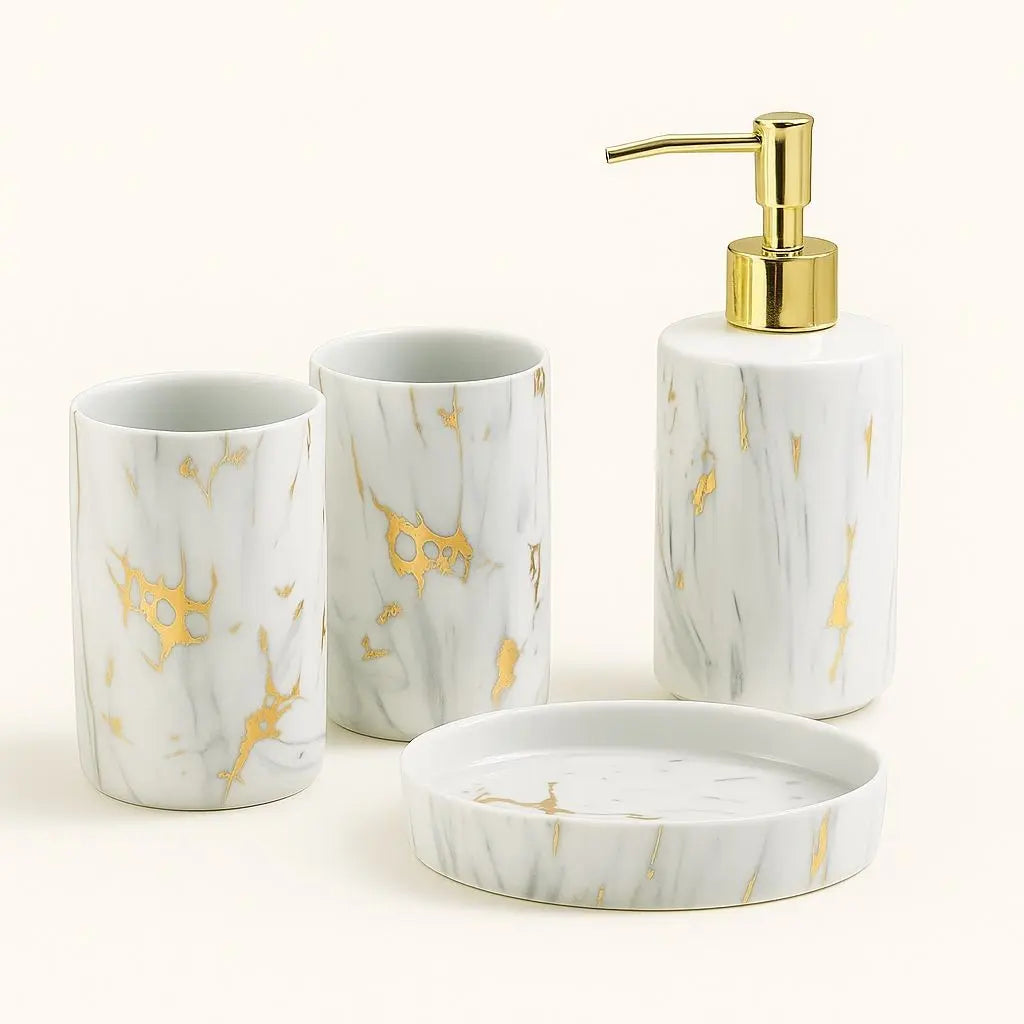 Amelia Marble Bathroom Set – 4-Piece Ceramic Wash Kit