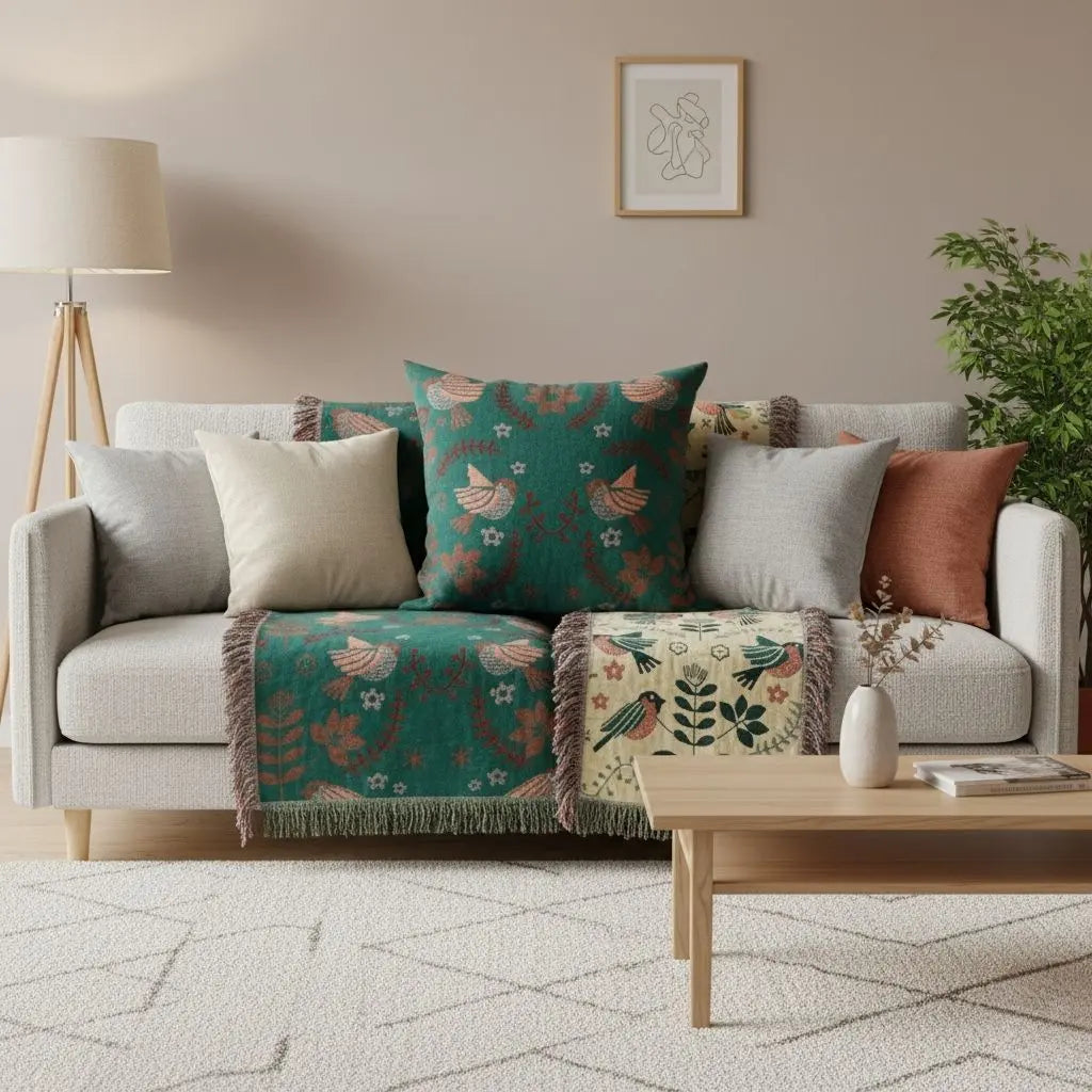 Caleb Bird Pattern Cotton Sofa Blanket Cover