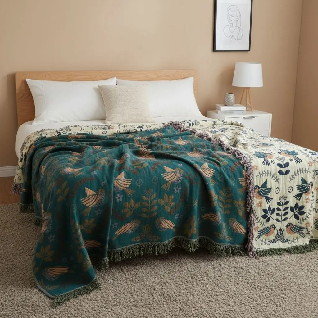 Caleb Bird Pattern Cotton Sofa Blanket Cover