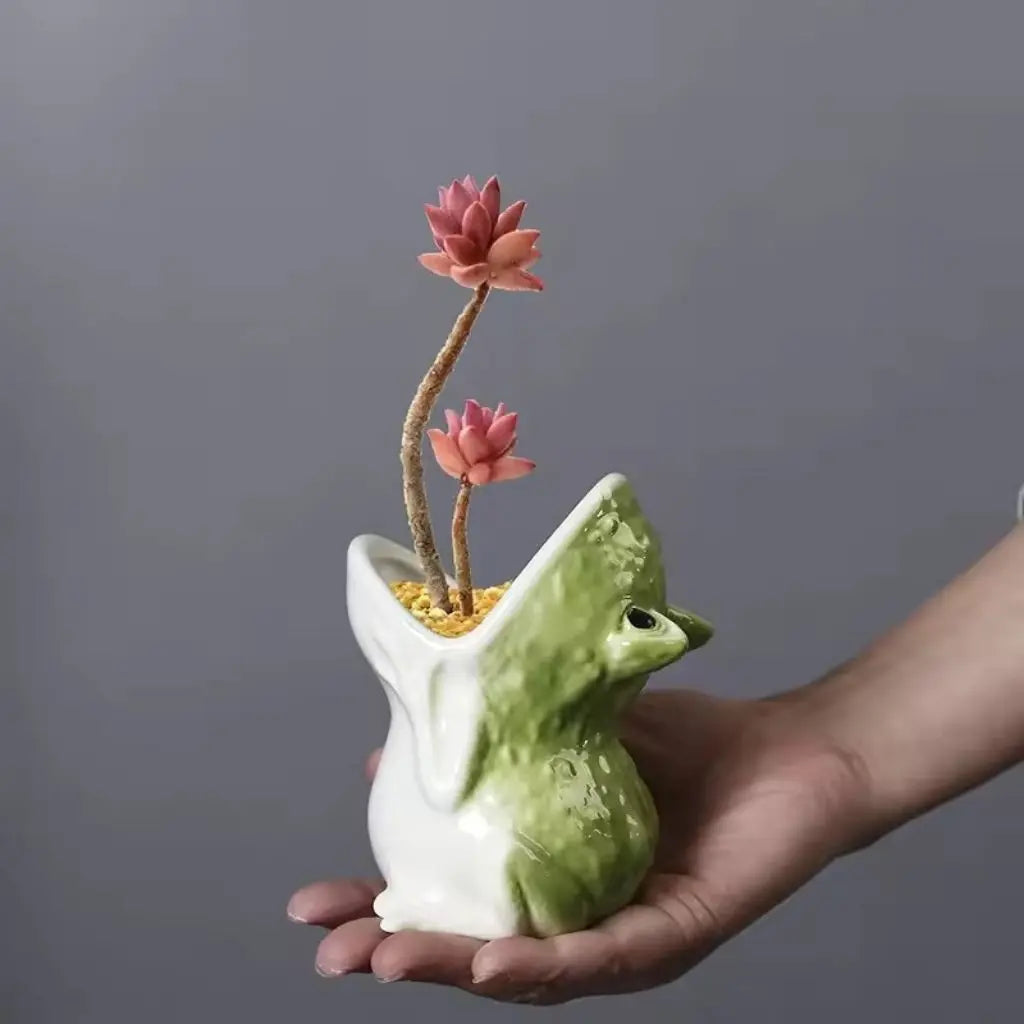 Frondy Ceramic Frog Planter