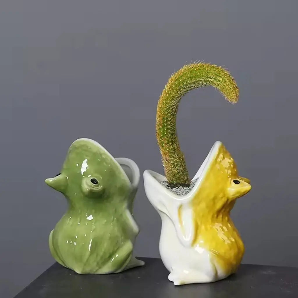 Frondy Ceramic Frog Planter
