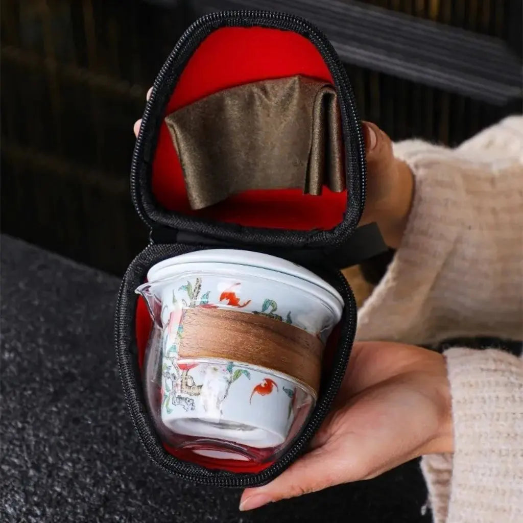Mutton-Fat Jade Porcelain Travel Tea Set – Nine Peaches and Five Blessings