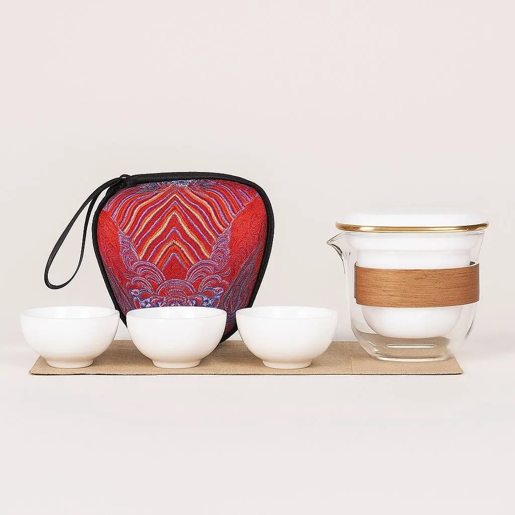 Mutton-Fat Jade Porcelain Travel Tea Set – Nine Peaches and Five Blessings
