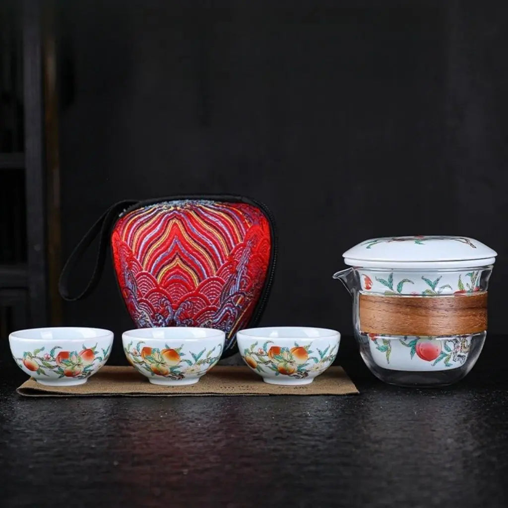 Mutton-Fat Jade Porcelain Travel Tea Set – Nine Peaches and Five Blessings