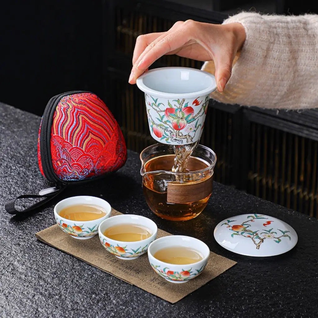 Mutton-Fat Jade Porcelain Travel Tea Set – Nine Peaches and Five Blessings