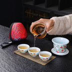 Mutton-Fat Jade Porcelain Travel Tea Set – Nine Peaches and Five Blessings
