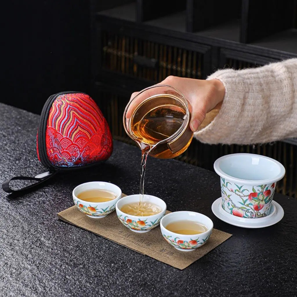 Mutton-Fat Jade Porcelain Travel Tea Set – Nine Peaches and Five Blessings