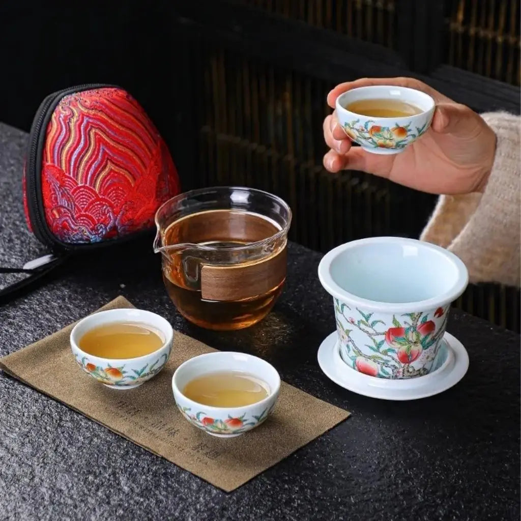Mutton-Fat Jade Porcelain Travel Tea Set – Nine Peaches and Five Blessings