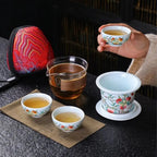 Mutton-Fat Jade Porcelain Travel Tea Set – Nine Peaches and Five Blessings