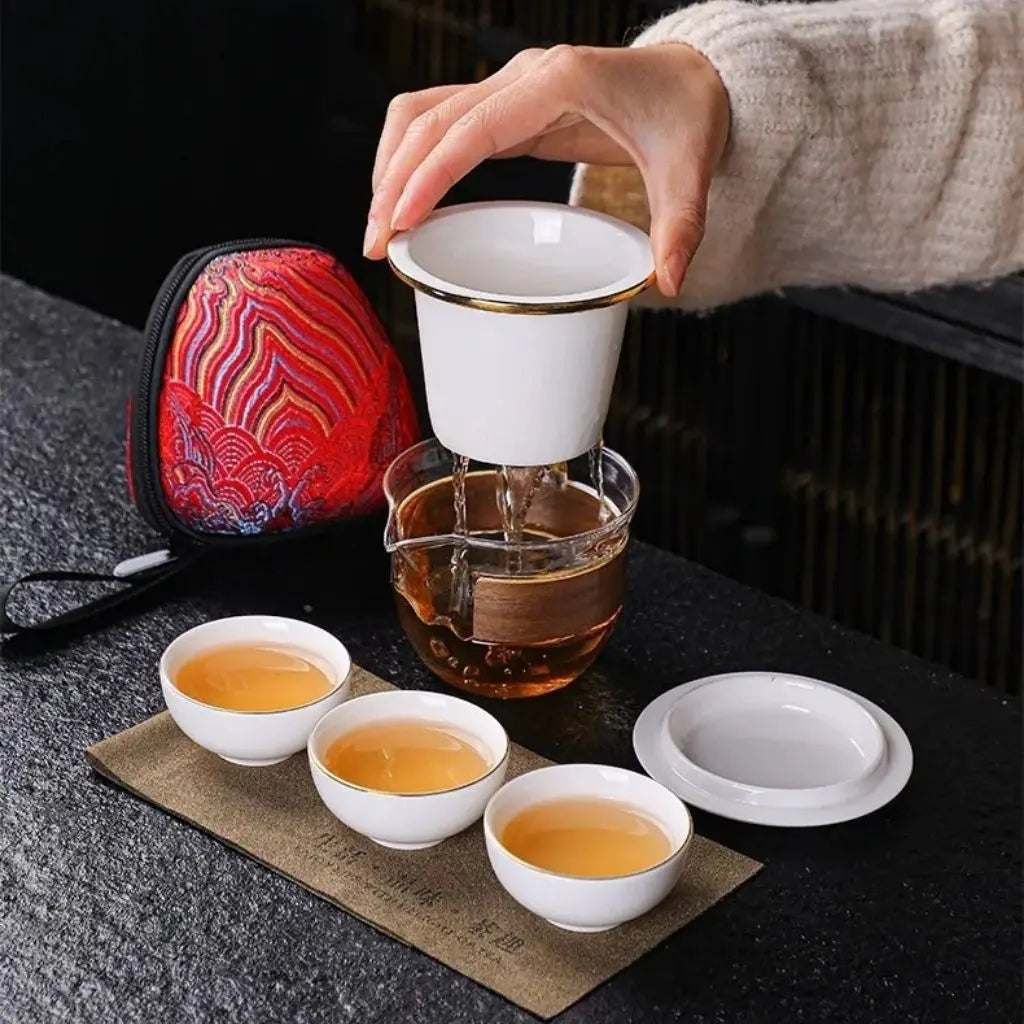 Mutton-Fat Jade Porcelain Travel Tea Set – Nine Peaches and Five Blessings