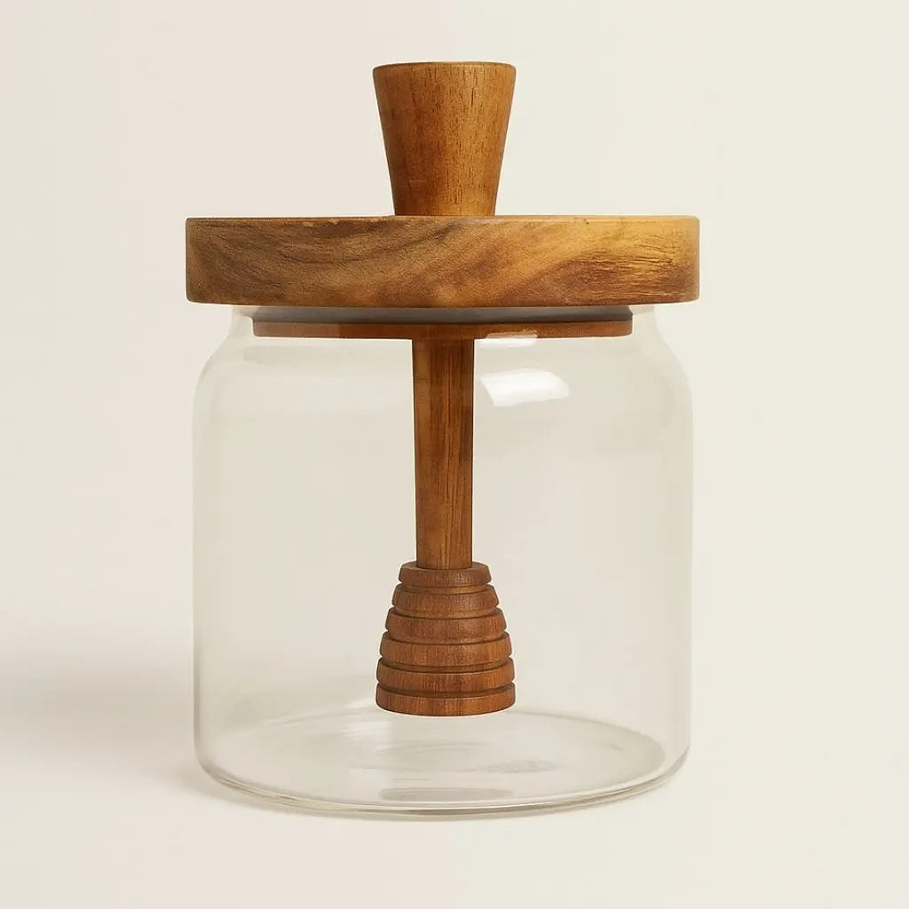 Noah Acacia-Lid Glass Honey Jar