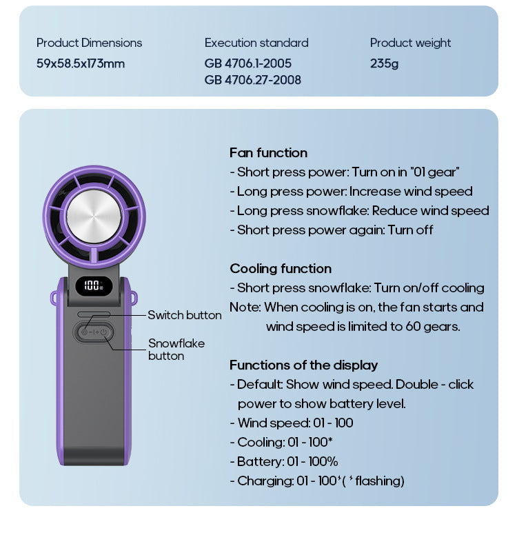 Portable Turbo Handheld Fan with Ice Cooling & 100 Speeds | Virlano