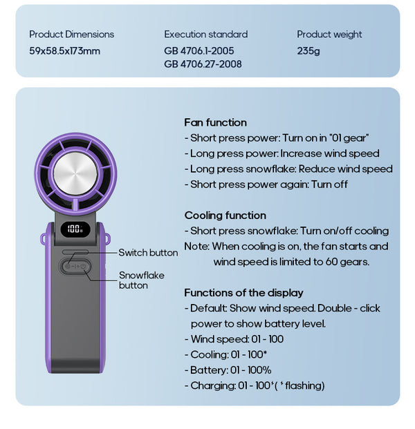 Portable Turbo Handheld Fan with Ice Cooling & 100 Speeds | Virlano