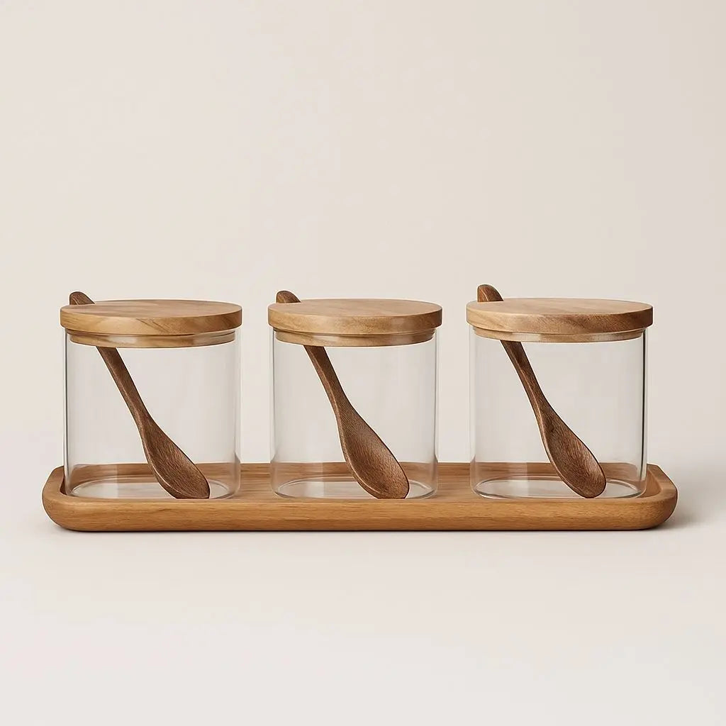 Mason Wooden Lid Glass Seasoning Jar Set – Rustic Kitchen Organizer
