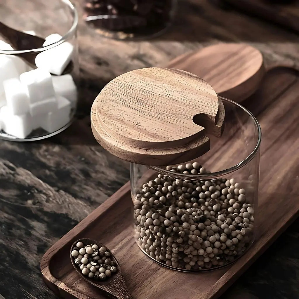 Mason Wooden Lid Glass Seasoning Jar Set – Rustic Kitchen Organizer