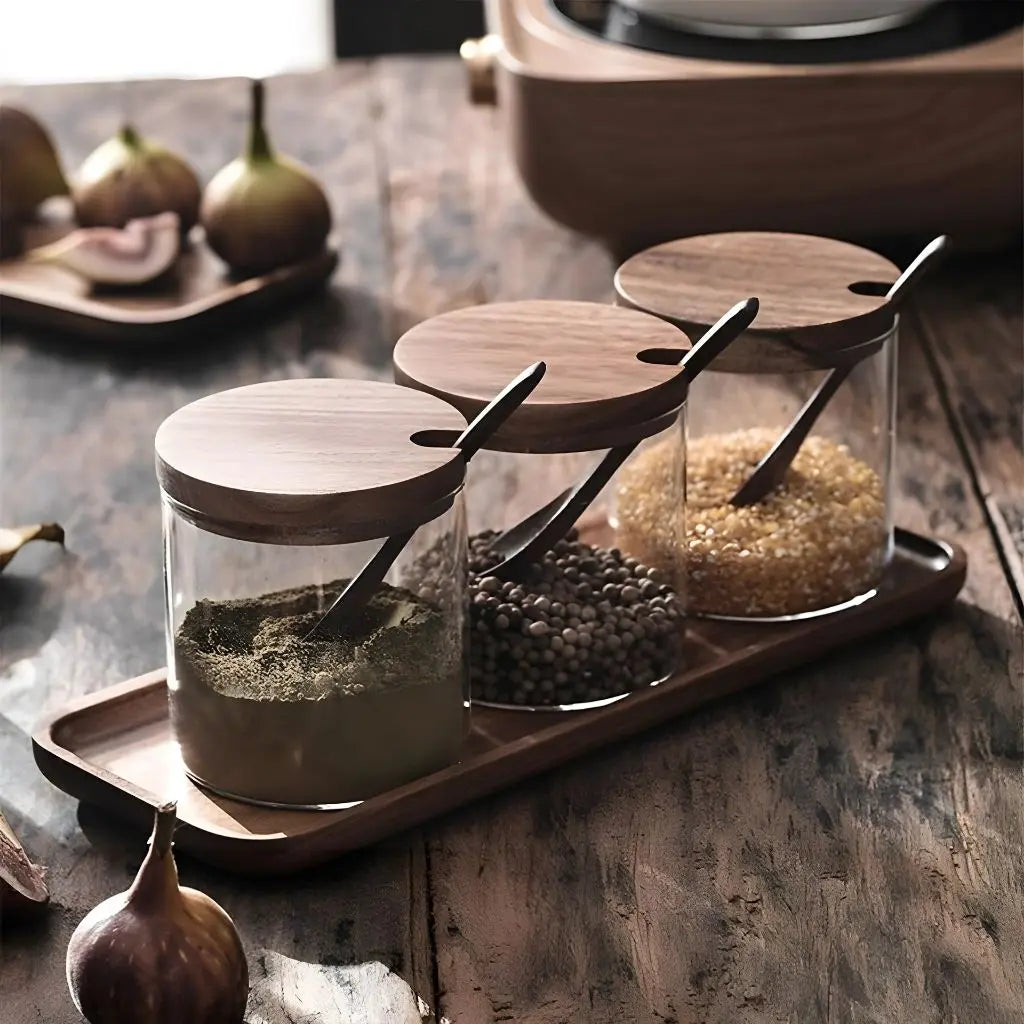 Mason Wooden Lid Glass Seasoning Jar Set – Rustic Kitchen Organizer
