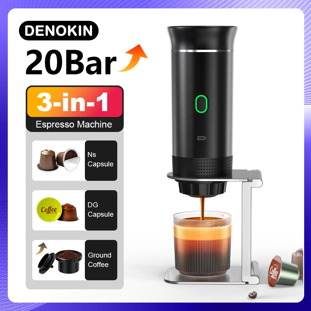 DENOKIN 3-in-1 Portable Espresso Machine – 20 Bar