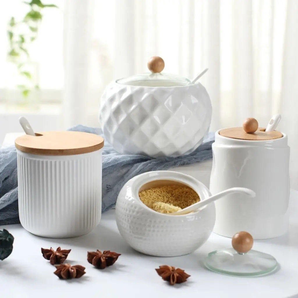 Evel Ceramic Seasoning Jar with Bamboo Lid & Spoon