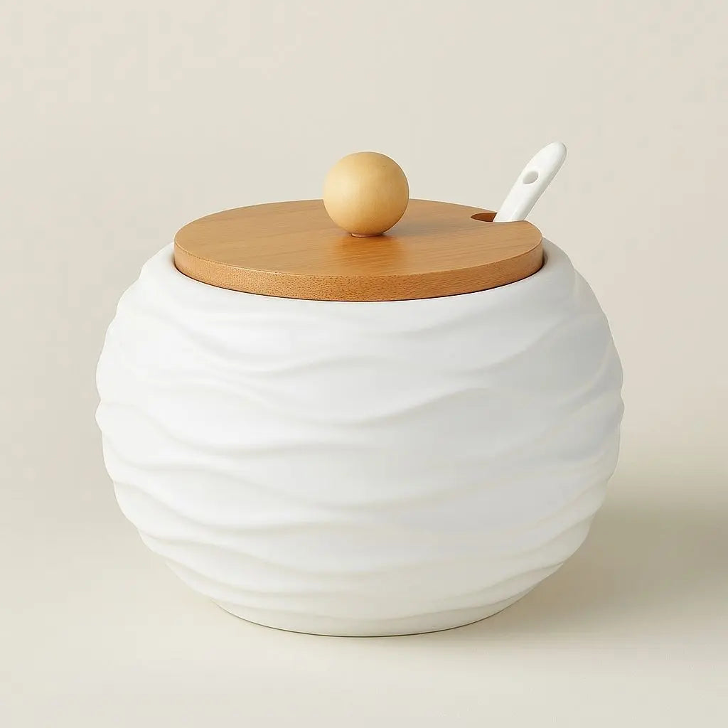 Evel Ceramic Seasoning Jar with Bamboo Lid & Spoon