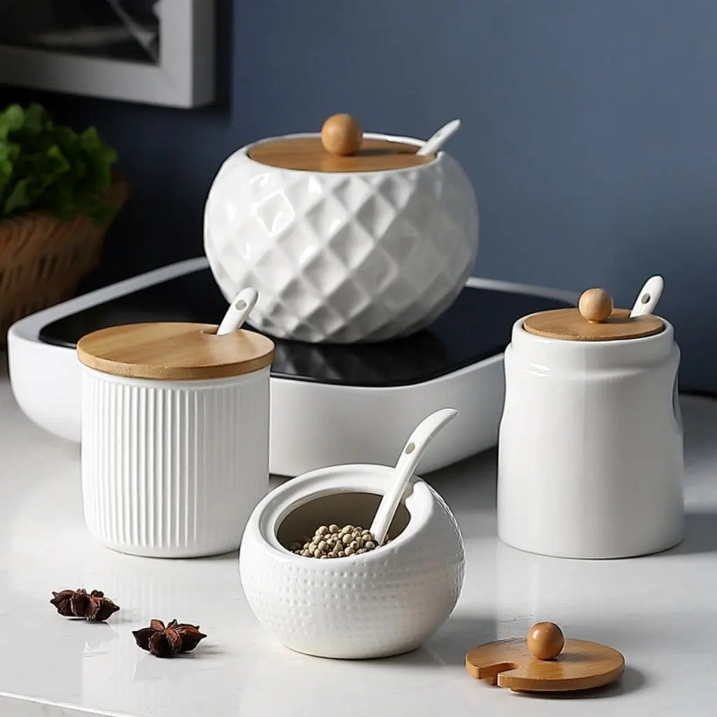 Evel Ceramic Seasoning Jar with Bamboo Lid & Spoon