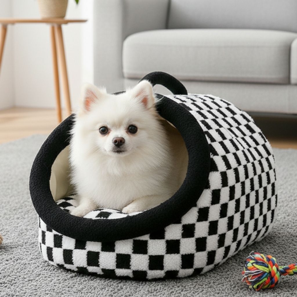 Arlo Checkered Semi-Enclosed Pet Bed for All Seasons