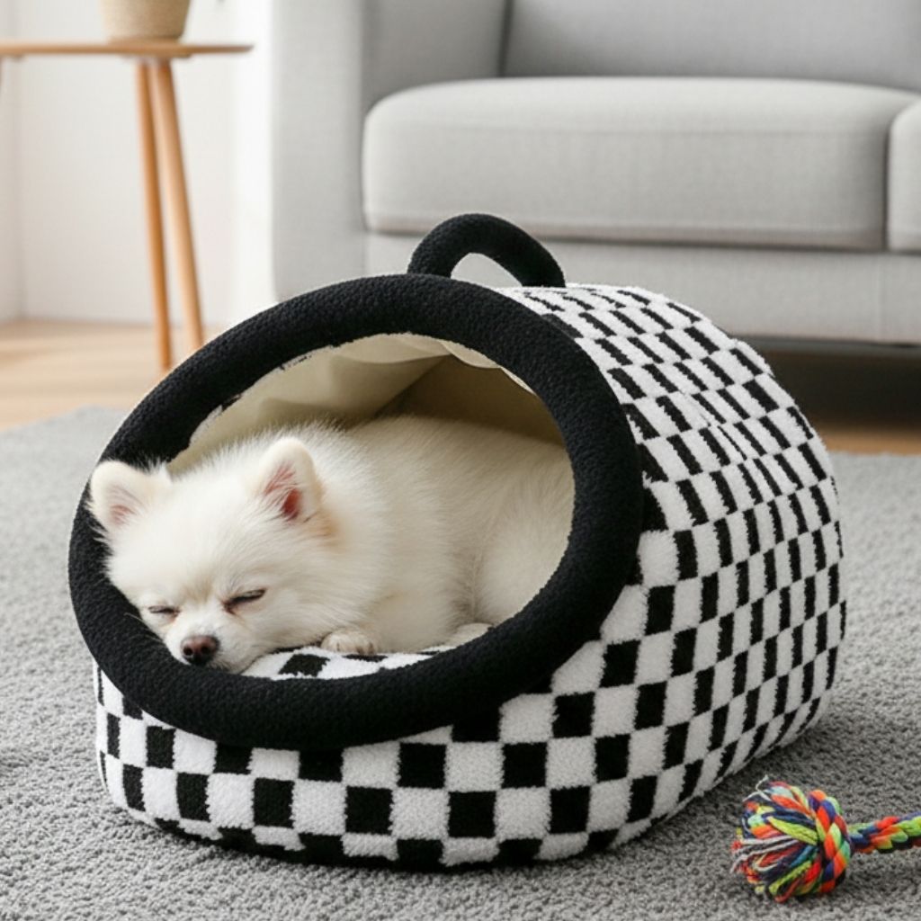 Arlo Checkered Semi-Enclosed Pet Bed for All Seasons